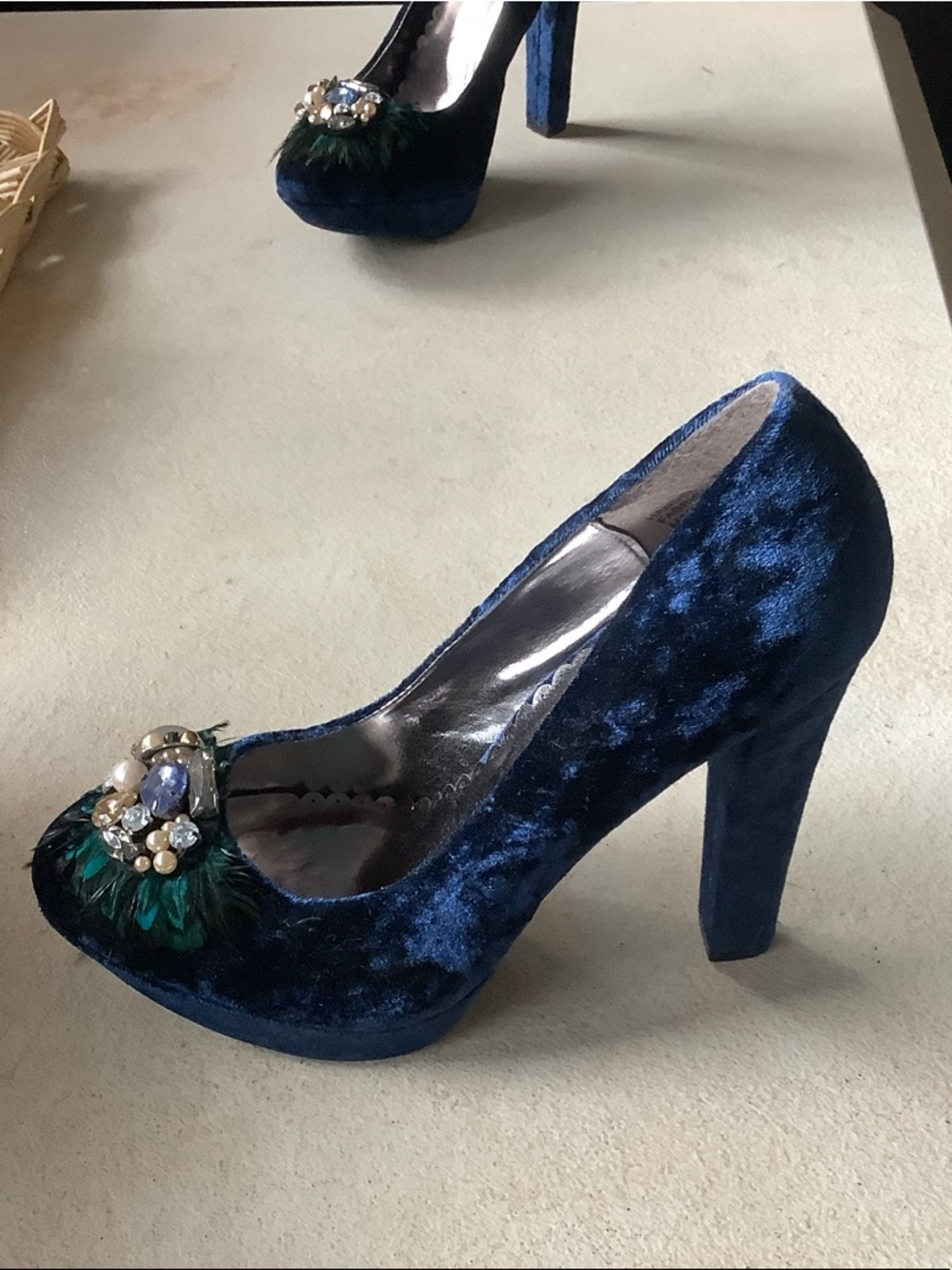 Rampage Navy Blue Velvet Jeweled Heels - Picture 6 of 12